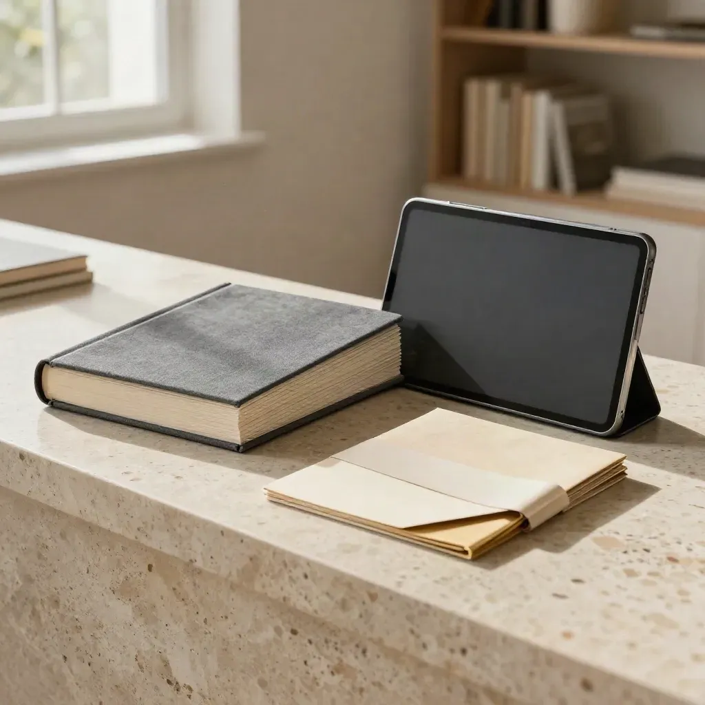 Offenes Aktien-Recherche-Paket auf Travertin mit Tablet, Karten und Hardcover im sanften Fensterlicht