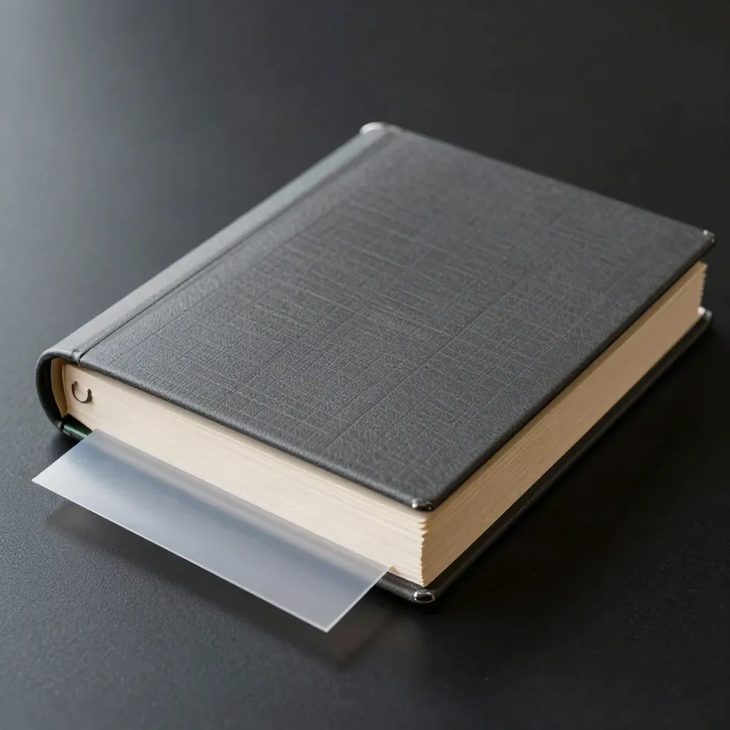 Schräg von unten fotografierter Ordner mit Tabtrennern, Karten und Hülle auf dunkler Studiofläche
