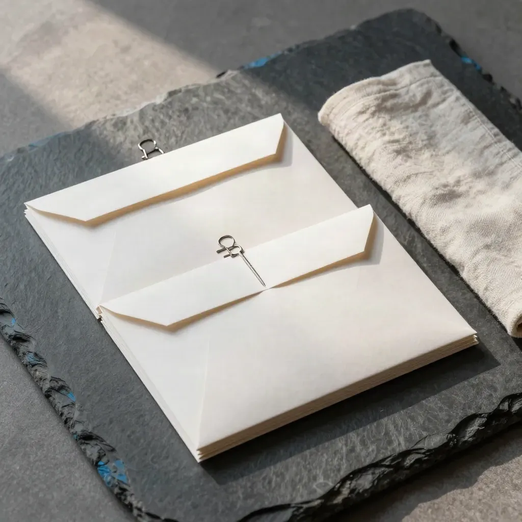 Overhead-Flatlay mit zwei Papierstapeln, Klammer und hellem Leinen auf dunklem Stein.