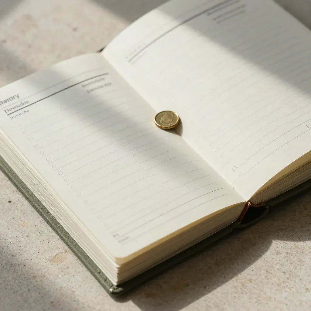Overhead-Flatlay eines Dividendenplaners mit Messingmarker und gefaltetem Kartenstapel auf Stein.